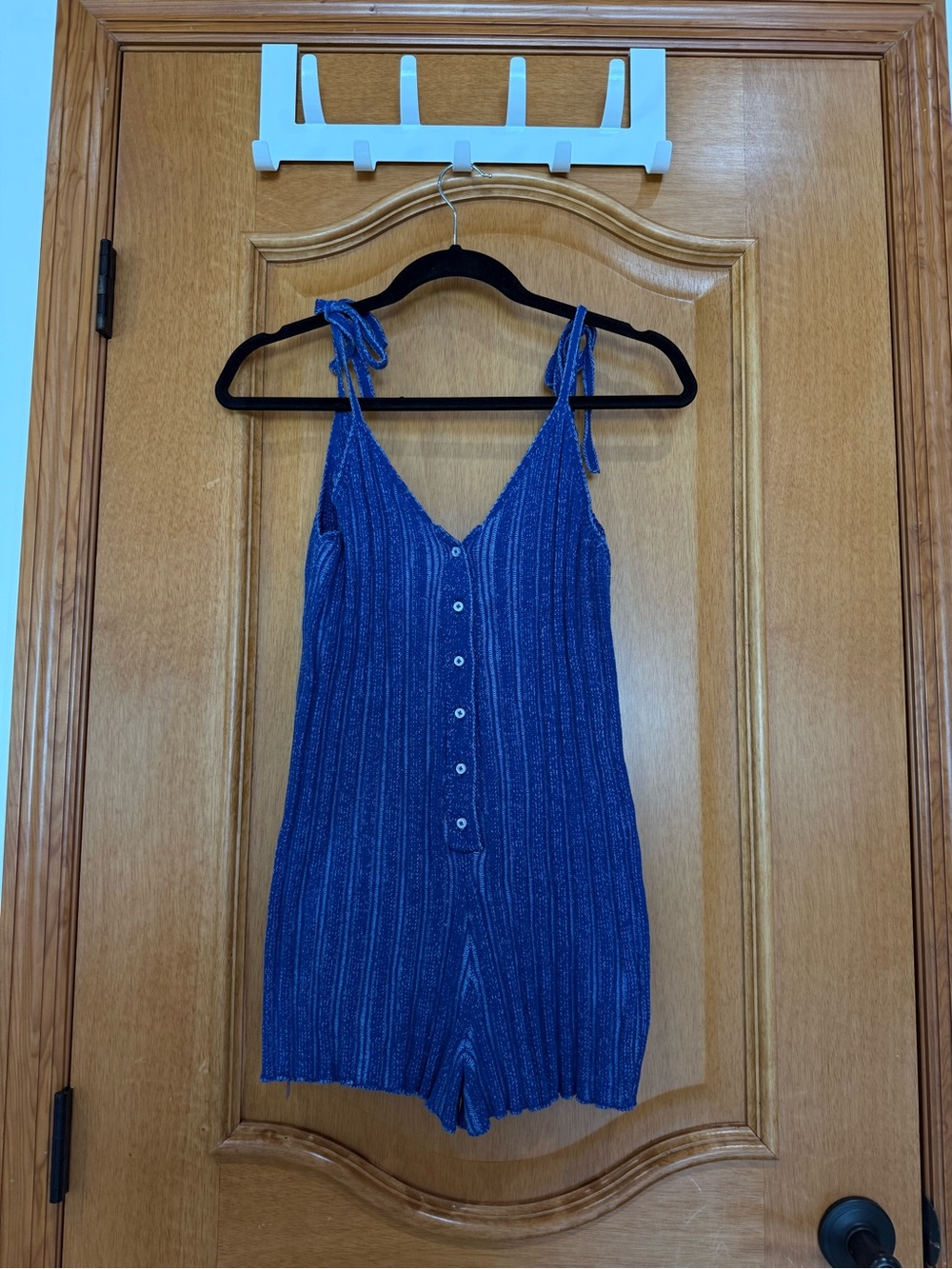 Blue Knit Button-Front Tie-Shoulder Romper
